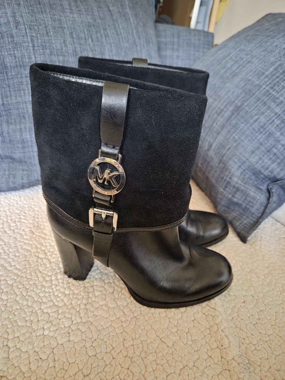 Michael Kors Black Suede and Leather High Heel Ankle Boots with MK Accent
